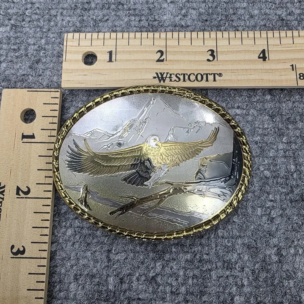 Bald Eagle Mountain Scene Belt Buckle Made in USA Western Gold Trim Wildlife VTG